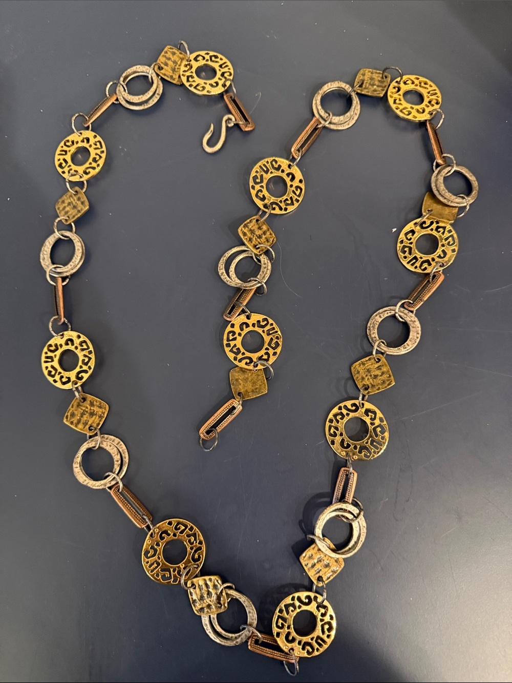Mixed Metal Cutout Circle & Textured Square Necklace/Belt - Gold, Silver, Bronze